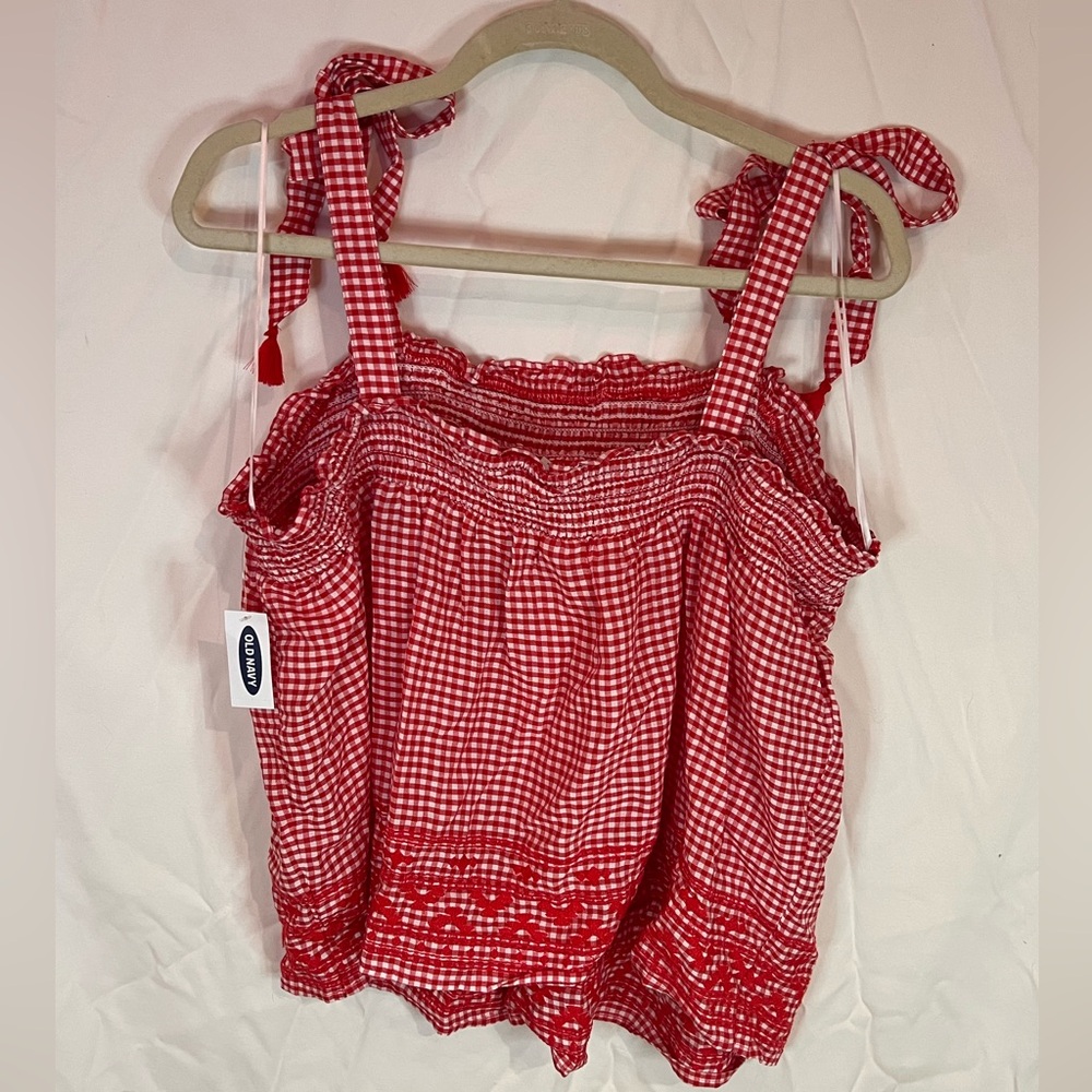 NWT! Old Navy Smocked Tie-Shoulder Red & White Gingham Tassel Top Women, Size XL - Picture 4 of 7